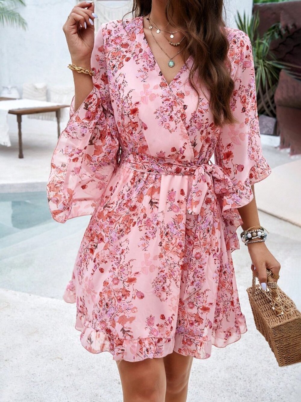 Pink Boho Women's Mini Dress with Bell Sleeves and Waist Belt - Picture 3 of 6